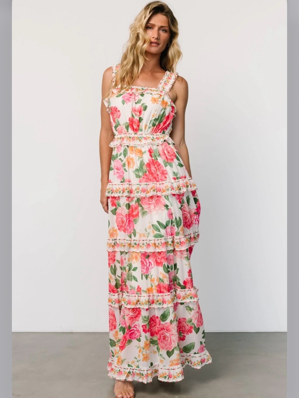NWT Baltic Born Julieta Floral Ruffle Tiered Maxi Dress - White Pink Green L 12